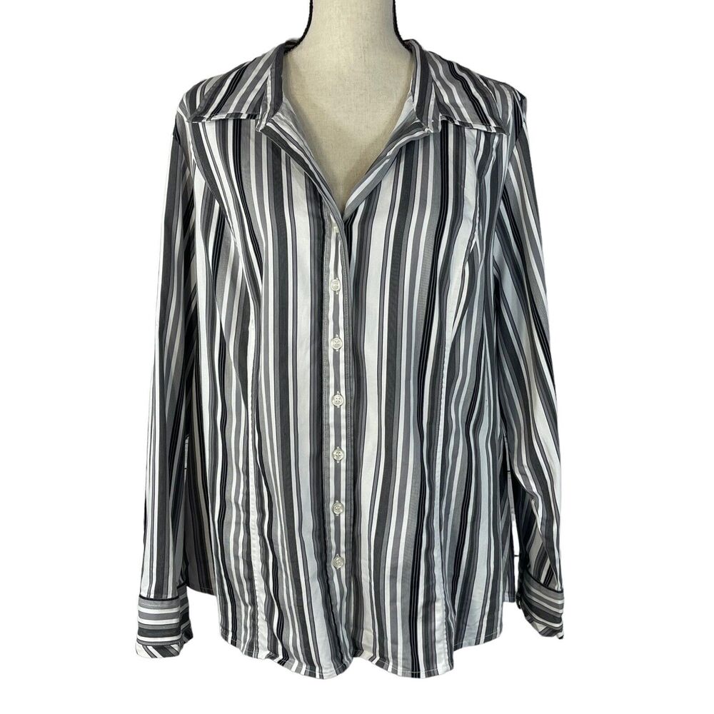 Lane Bryant SZ 22/24W Button-Up Top Striped Long Sleeves Stretch Collared Gray